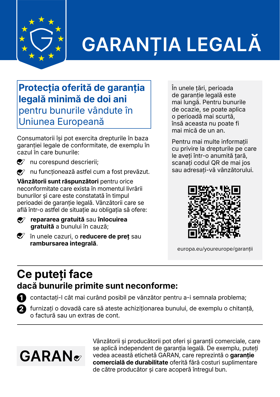 Notificarea oficială a Uniunii Europene privind garanția legală, în limba română